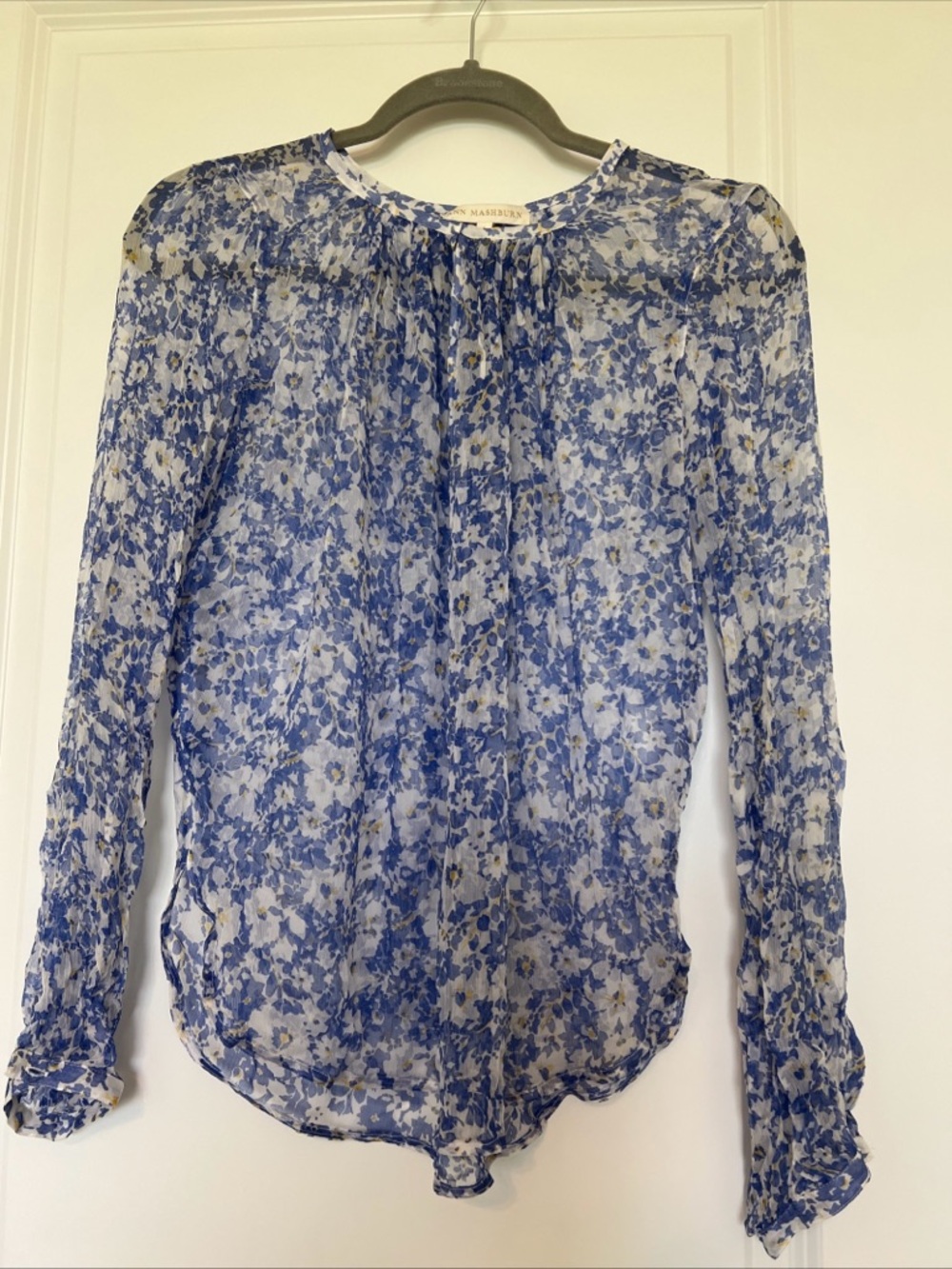 Ann Mashburn 100% silk Blue Floral Sheer Long-Sleeve Blouse S